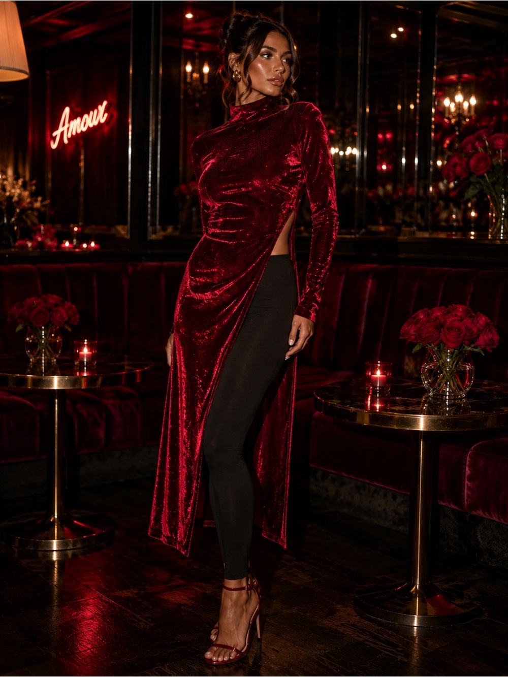AKIRA Red Velvet High-Slit Tunic with Black Leggings